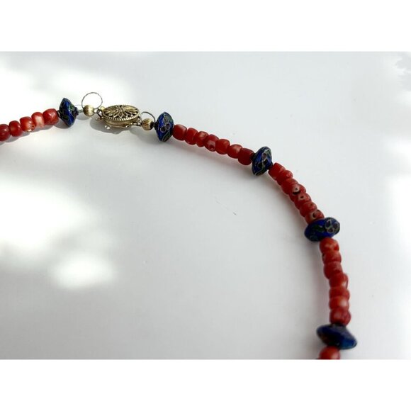 Coral & Blue Cloisonne Floral Beaded Vintage Sterling Silver 925 Necklace 15.5" - Picture 9 of 10